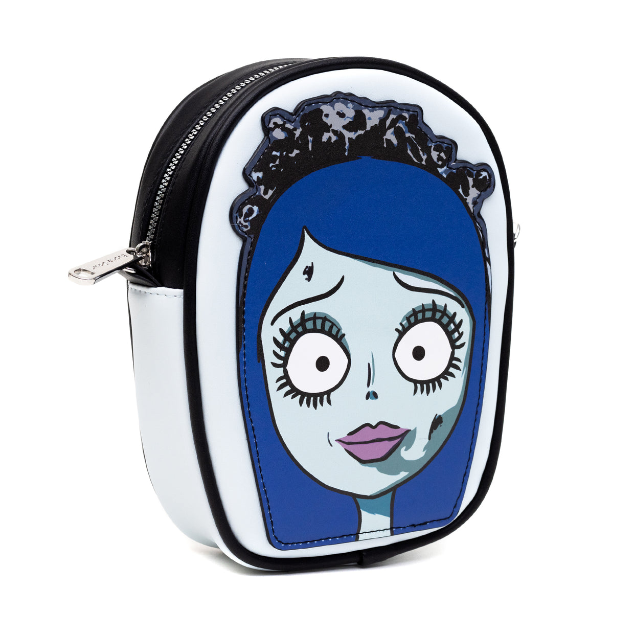 Buckle-Down Horror Movies Vegan Leather Cross Body Bag, Emily the Corpse Bride Face Applique Pale Blue