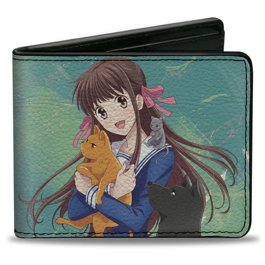 Bi-Fold Wallet - Fruits Basket Kyo Yuki and Tohru with Cat Rat and Dog Group Pose Greens/Blues - LeCharms & Co.