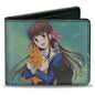 Bi-Fold Wallet - Fruits Basket Kyo Yuki and Tohru with Cat Rat and Dog Group Pose Greens/Blues - LeCharms & Co.