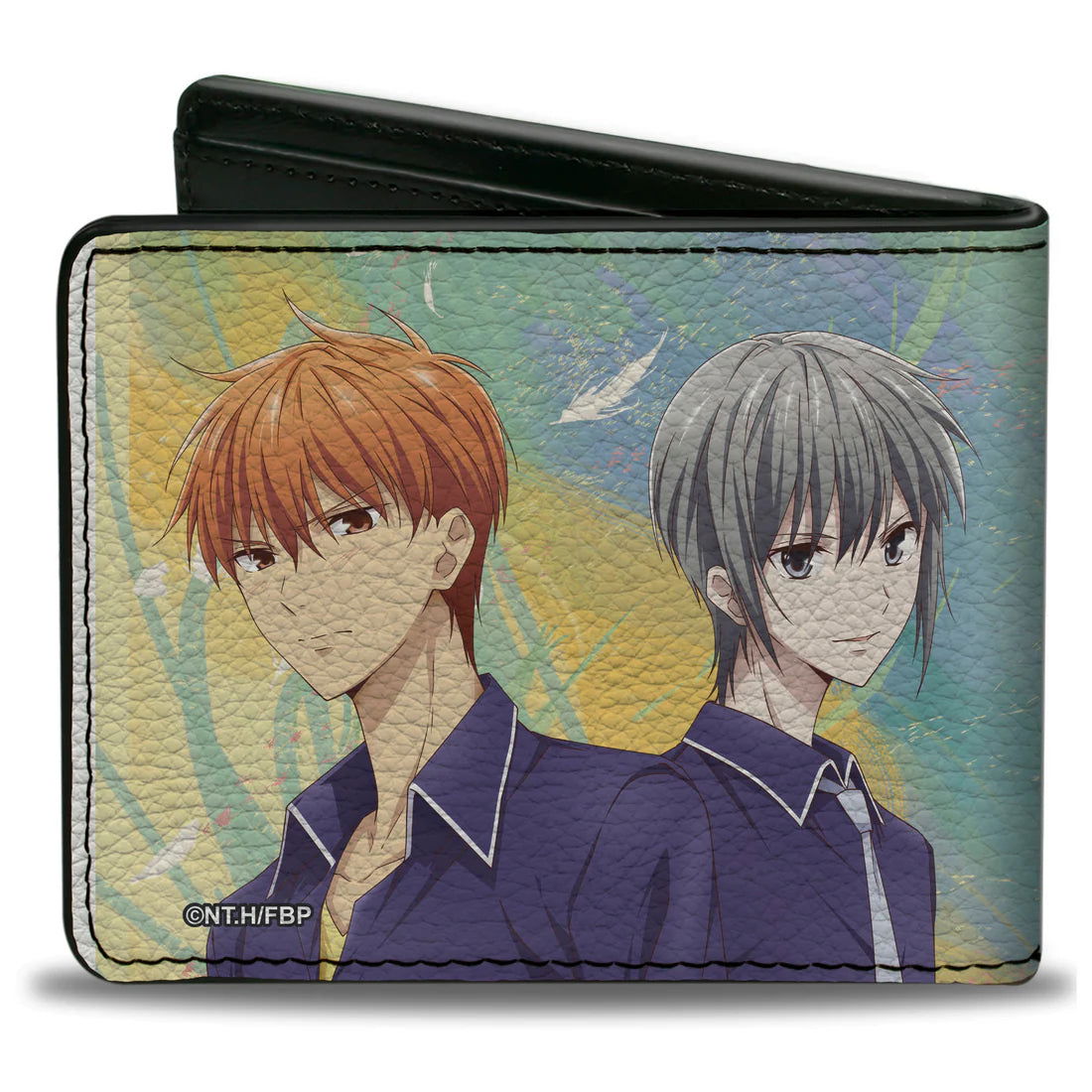 Bi-Fold Wallet - Fruits Basket Kyo Yuki and Tohru with Cat Rat and Dog Group Pose Greens/Blues - LeCharms & Co.