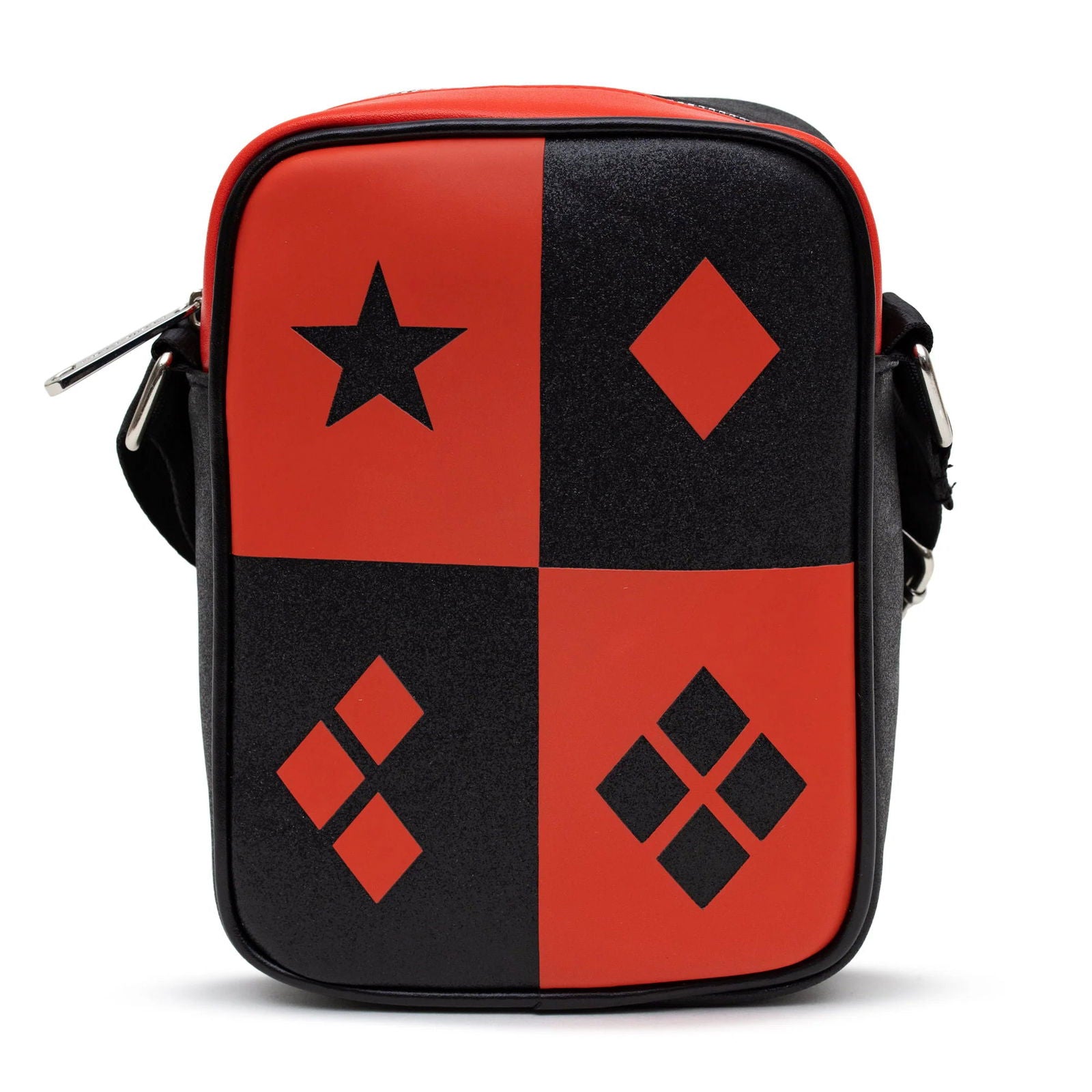 DC Comics Bag, Cross Body, Harley Quinn Diamonds Icons Red Black, Vegan Leather - LeCharms & Co.