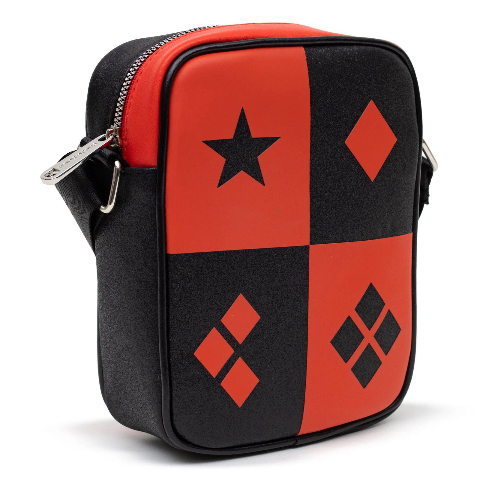 DC Comics Bag, Cross Body, Harley Quinn Diamonds Icons Red Black, Vegan Leather - LeCharms & Co.