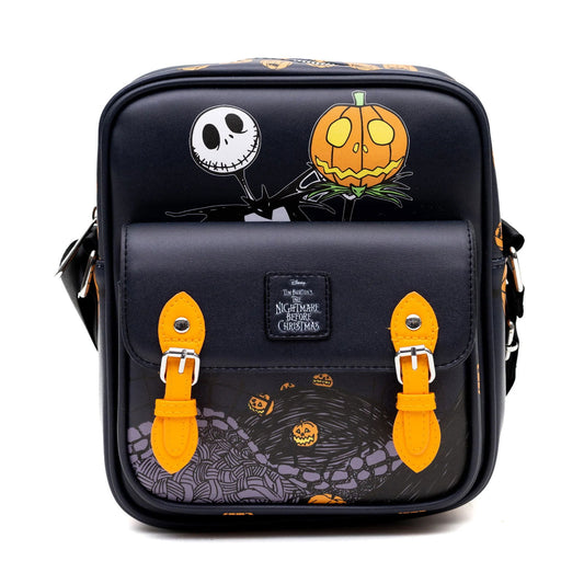 Disney Vegan Leather Crossbody Bag with Front Pocket, Nightmare Before Christmas Jack-O-Lantern Moon Poses Black, 7.5" x 9" - LeCharms & Co.