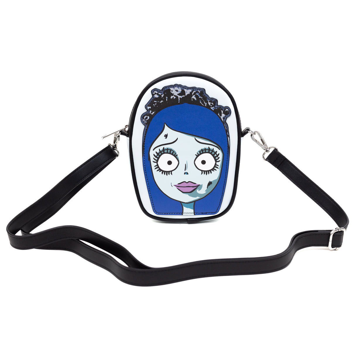 Buckle-Down Horror Movies Vegan Leather Cross Body Bag, Emily the Corpse Bride Face Applique Pale Blue