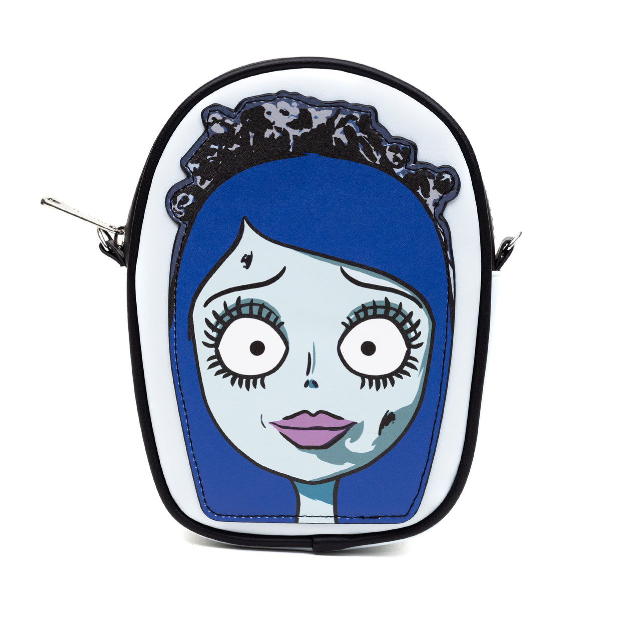 Buckle-Down Horror Movies Vegan Leather Cross Body Bag, Emily the Corpse Bride Face Applique Pale Blue