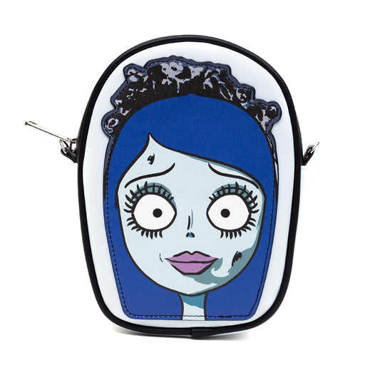 Buckle-Down Horror Movies Vegan Leather Cross Body Bag, Emily the Corpse Bride Face Applique Pale Blue