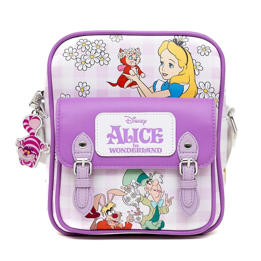 Buckle-Down Disney Vegan Leather Crossbody Backpack with Adjustable Strap, Alice in Wonderland Tea Party and Garden Flowers Poses Gingham Lavender