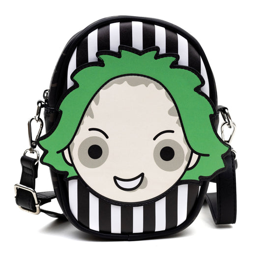 Buckle-Down Horror Movies Vegan Leather Cross Body Bag with Adjustable Strap, Beetlejuice Smiling Chibi Face Applique, Stripe Black White