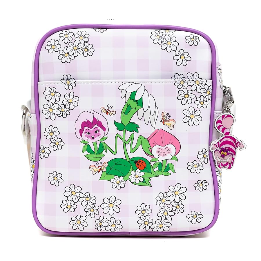 Buckle-Down Disney Vegan Leather Crossbody Backpack with Adjustable Strap, Alice in Wonderland Tea Party and Garden Flowers Poses Gingham Lavender