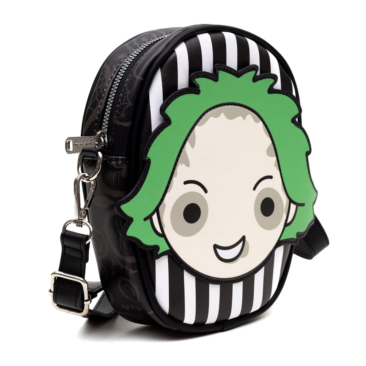 Buckle-Down Horror Movies Vegan Leather Cross Body Bag with Adjustable Strap, Beetlejuice Smiling Chibi Face Applique, Stripe Black White