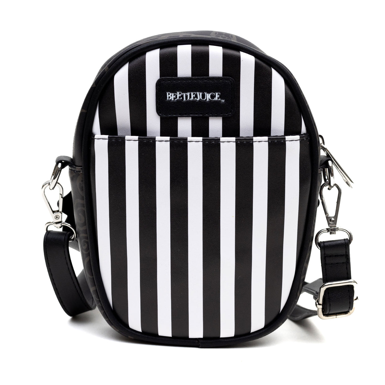 Buckle-Down Horror Movies Vegan Leather Cross Body Bag with Adjustable Strap, Beetlejuice Smiling Chibi Face Applique, Stripe Black White