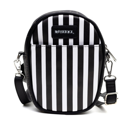 Buckle-Down Horror Movies Vegan Leather Cross Body Bag with Adjustable Strap, Beetlejuice Smiling Chibi Face Applique, Stripe Black White
