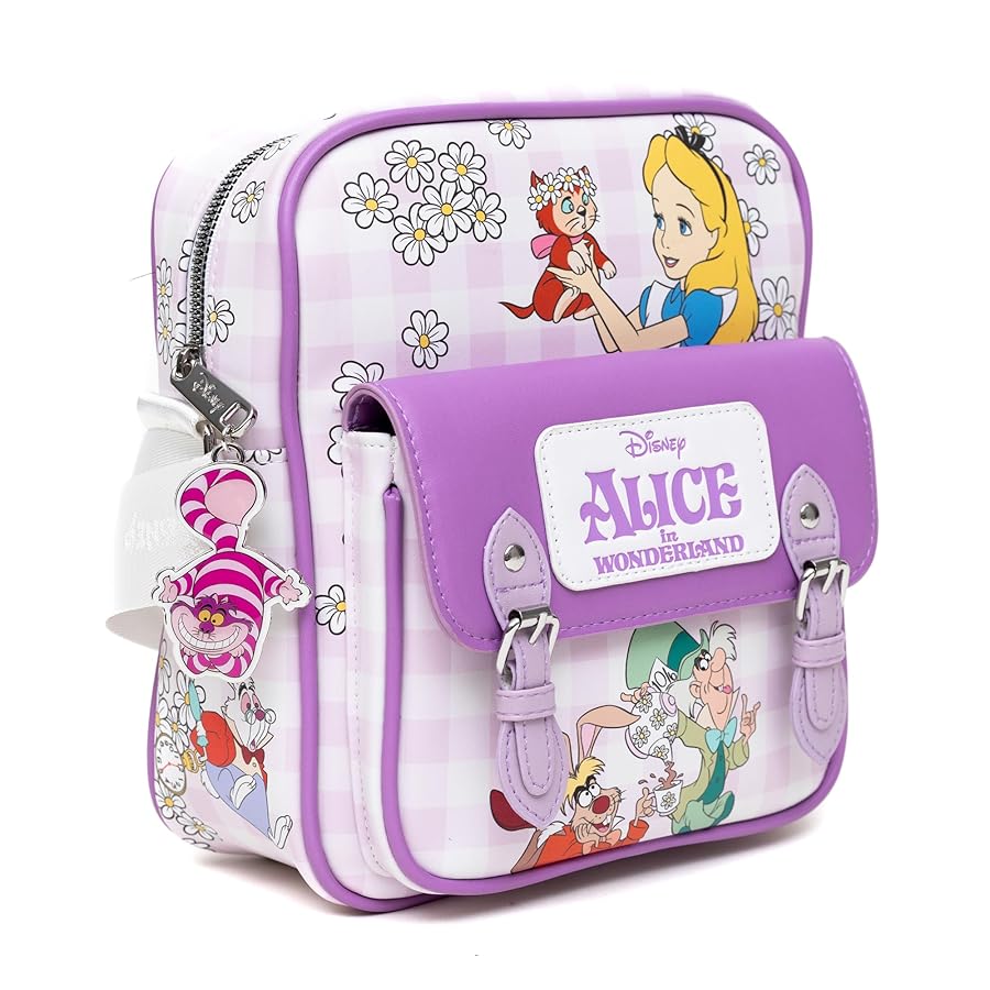 Buckle-Down Disney Vegan Leather Crossbody Backpack with Adjustable Strap, Alice in Wonderland Tea Party and Garden Flowers Poses Gingham Lavender